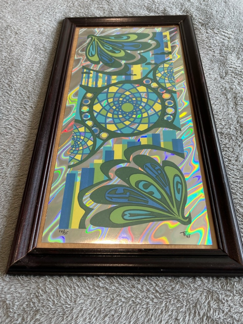 Holographic Abstract Framed Art with Green & Blue Motifs